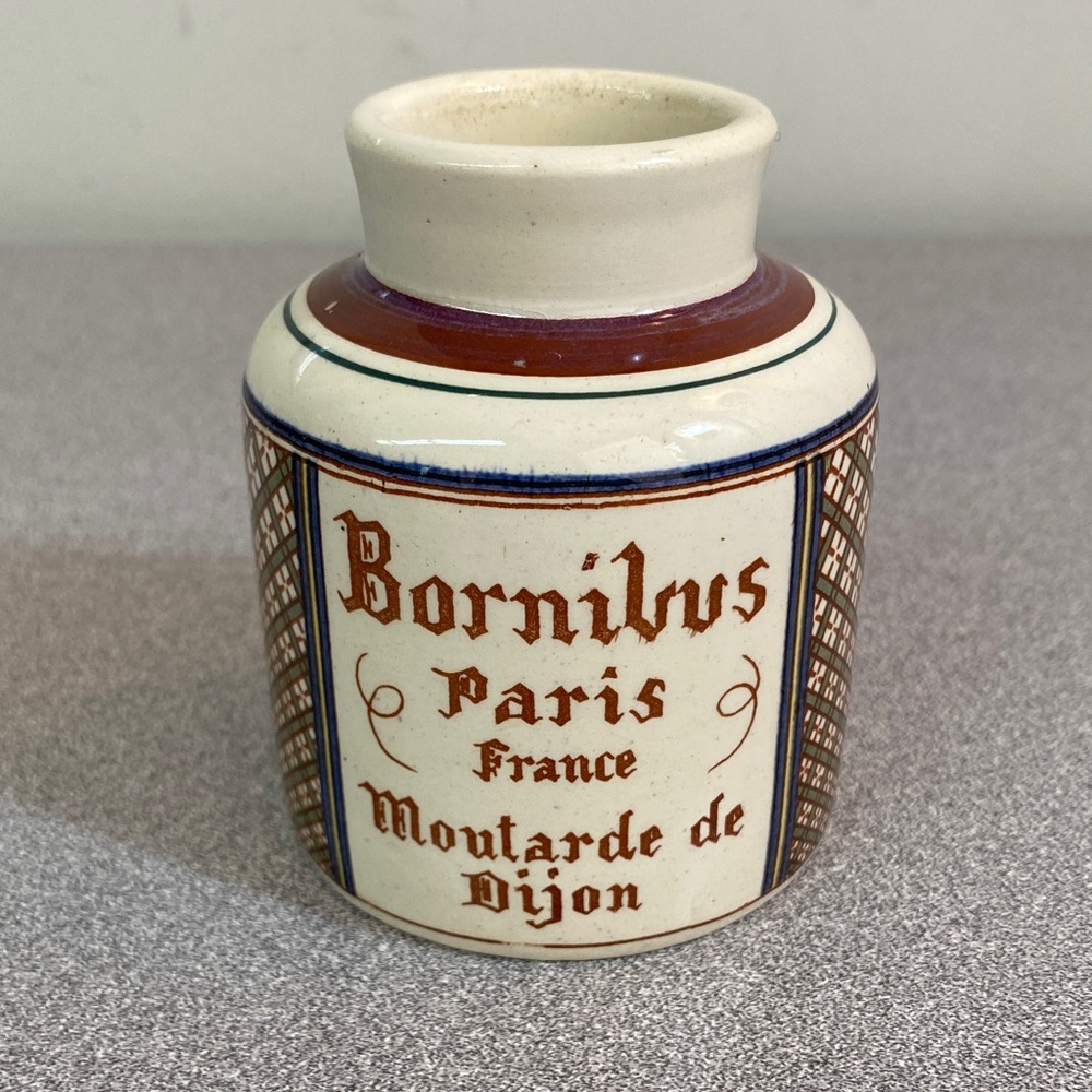 Vintage Paris France Mustard Pot - Cream, Brown and Blue Stoneware